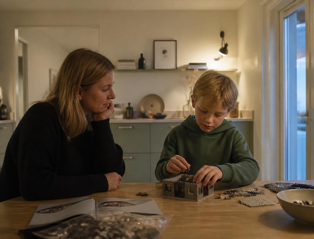 Forælder og barn taler sammen ved køkkenbordet